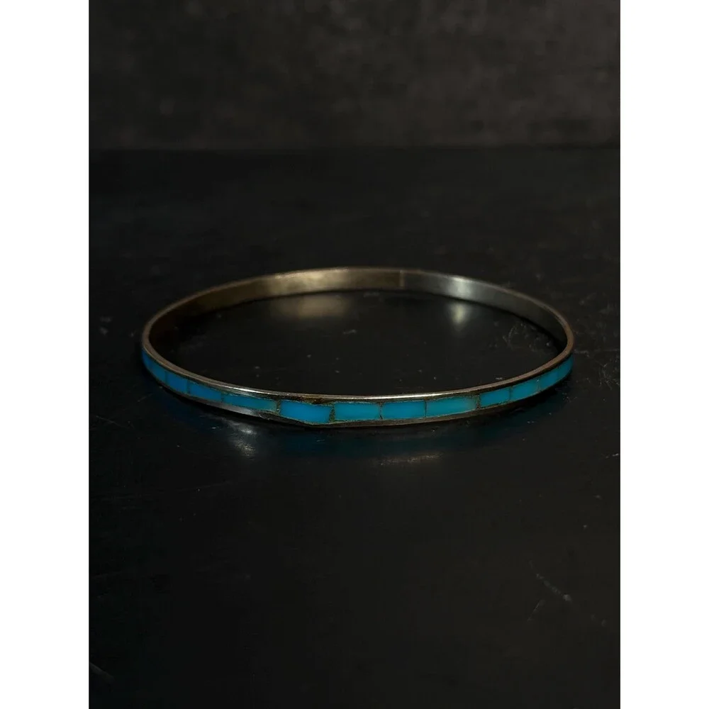Vintage Alpaca Silver Turquoise Inlay Bangle Bracelet Mexico